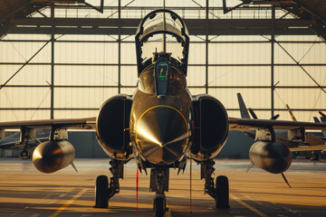 avion de chasse militaire dans un hangar - obrazy, fototapety, plakaty