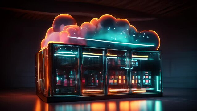 Conceptual animation visualization of cloud computing with neon cloud design and server rack, highlighting data transfer and storage technology in the digital age
