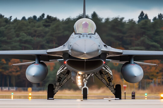 avion de chasse militaire de face sur la piste au moment du d&eacute;collage