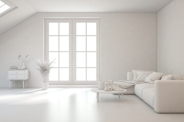 White living room with sofa. Scandinavian interior design. 3D illustration