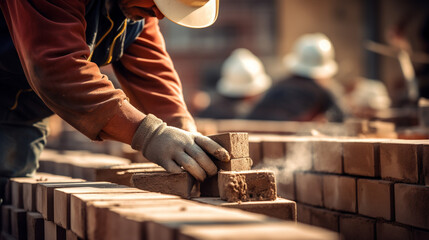 Bricklayer industrial worker installing brick masonry - obrazy, fototapety, plakaty