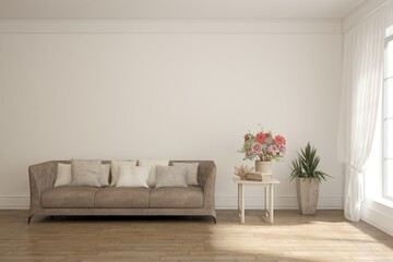 White living room with sofa. Scandinavian interior design. 3D illustration
