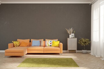 Black living room with sofa. Scandinavian interior design. 3D illustration