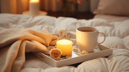 Fototapeta na wymiar breakfast in bed with coffee and croissants