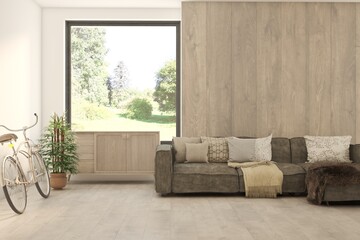 Contemporary classic white interior with furniture and decor and summer landscape in window. Scandinavian interior design. 3D illustration