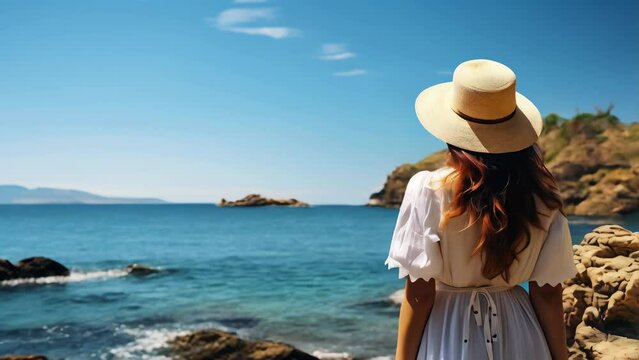 Back view of a Woman in white dress and straw hat standing on a rocky shore, gazing at the tranquil blue sea on a sunny day, embodying summer tranquility and travel escape
