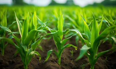 Obraz premium Rows of young corn plants growing on the field
