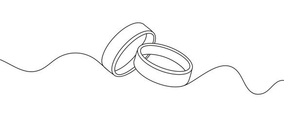 Wedding rings with linear, continuous style. Symbol of marriage. Wedding ceremony. Happy newlyweds exchange rings.
