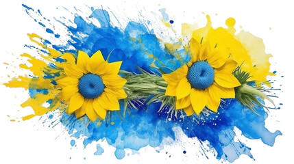 Watercolor sunflower with splashes of water, in colors of Ukraine - blue and yellow, independence symbol