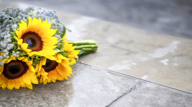 Bouquet of bright sunflowers, lies abandoned on grey pavement, symbolizing poignant end to once vibrant relationship. concept of relationship breakup, divorce and resentment. Copy space