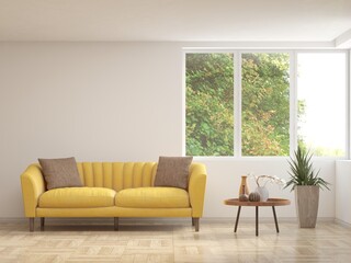 Contemporary classic white interior with furniture and decor and summer landscape in window. Scandinavian interior design. 3D illustration