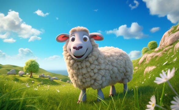A sheep with a smile on its face in a green field Generative AI
