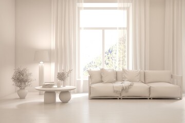 Grey interior desigh concept with furniture. 3D illustration
