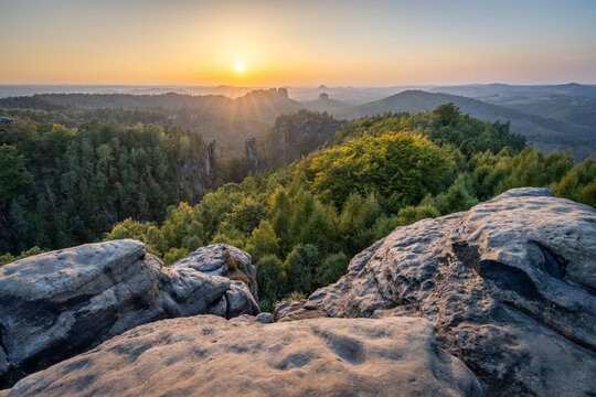 Carolafelsen (Carola rocks) at sunset, Saxon Switzerland, Saxony, Germany