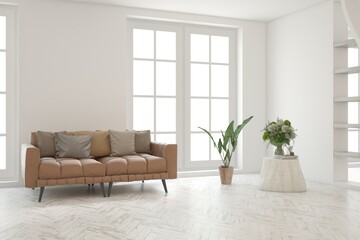 Modern minimalist interior with sofa on empty white color wall background. Interior mockup. Scandinavian interior design. 3D illustration