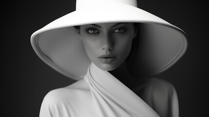 A woman dressed in white with a big white hat on her head - obrazy, fototapety, plakaty
