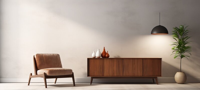 A brown wooden dresser with a chair in front of it Generative AI