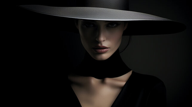 A woman dressed in black with a big black hat on her head