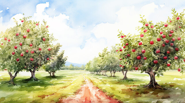 An apple orchard in watercolor clipart style