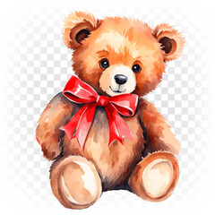 Cute teddy bear, brown bear toy with red bow. - obrazy, fototapety, plakaty