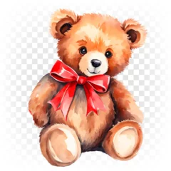 Fotobehang Cute teddy bear, brown bear toy with red bow. © Siarhei