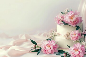 Big wedding background with peony flowers and wedding cake, copy space.