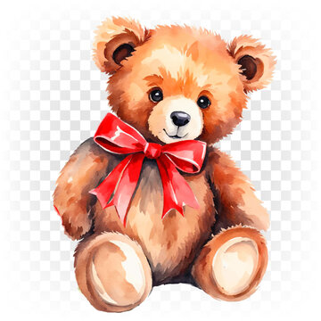 Cute teddy bear, brown bear toy with red bow.