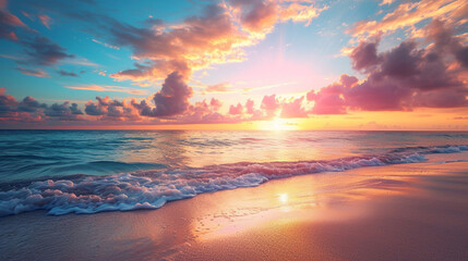 Fototapeta na wymiar 海砂空のクローズアップ、夕焼け色の雲GenerativeAI