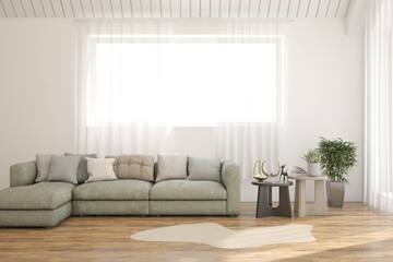 Modern minimalist interior with sofa on empty white color wall background. Interior mockup. Scandinavian interior design. 3D illustration