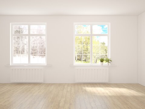 White empty room with summe and winter landscape in window. 3D illustration