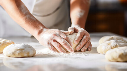 Baker's hands kneading a round loaf of bread dough on a marble surface with visible flour dust. Concept evokes fresh, handmade baking and traditional art of bread-making