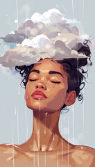 Portrait of female emotions and sad states of mind from a difficult life. Thundercloud on the head.