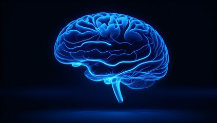 Human brain ray. Isolated glowing blue human brain on black background.