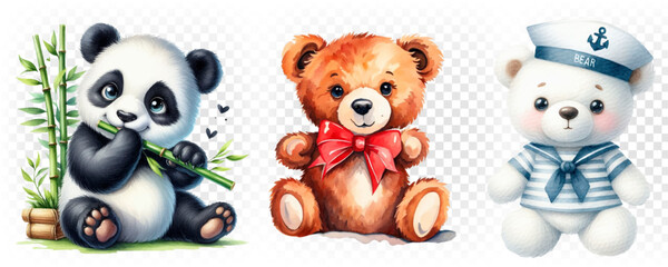 set of teddy bears and ribbon, cute teddy, white hat, brown bear. - obrazy, fototapety, plakaty