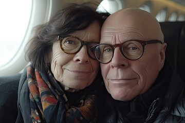 Phone photo selfie in a plane of a mature couple, plane window in background  