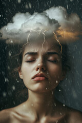  Portrait of female emotions and sad states of mind from a difficult life. Thundercloud on the head.