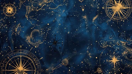 Caravels Marine Blue Portolan Map Style Background - Sun, Heliocentric, Compass Rose and Various little Stars Constellation Map - consisting of Golden Filigree created with Generative AI Technology - obrazy, fototapety, plakaty