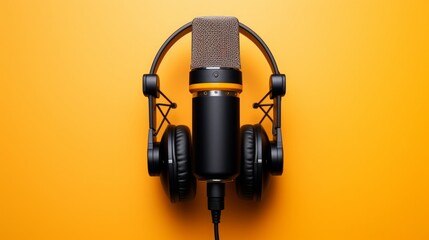 The dynamic duo of professional podcasting, a microphone and headphones, set against a yellow backdrop, perfect for high-quality audio recording and music production.