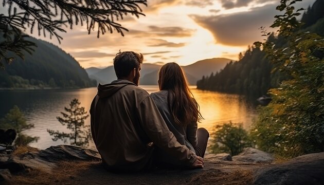 Deportes de aventura en pareja. Senderismo en pareja con vistas al lago y las monta&ntilde;as.