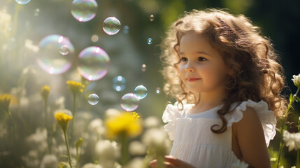 little happy girl playing with soap bubbles
