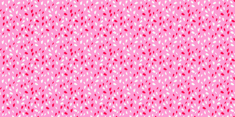 Trendy vibrant seamless pattern with polka dot, random dots, spots, drops on a pink background. Vector hand drawn sketch shape. Simple creative texture tiny, snowflakes, circles, leaflets printing.