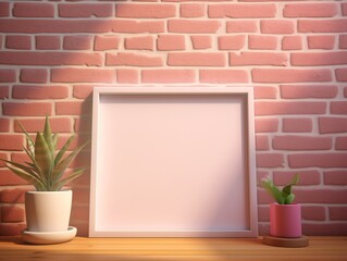 A white frame with a pink background on a brick wall Generative AI