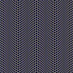 Metallic white mesh on a black background. Hexagonal wires structure. Geometric wavy texture. Seamless repeating pattern. Vector illustration.   