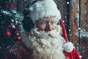 Portrait of Santa Claus with headphones listening to modern music on a Christmas background. Santa Claus in close-up with black headphones on the background of a wooden door and a Christmas wreath. A