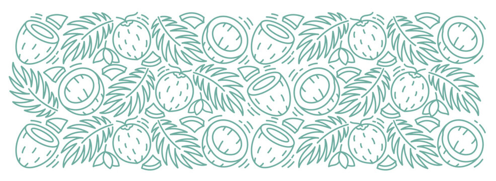 Coconut line rectangular background pattern. Palm leaves. Editable outline stroke. Vector line.