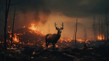 Poster animal in the midst of fire and smoke, noble deer on a background of burning forest. banner, copy space © Dmitriy