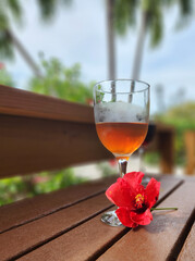Glass of chilled tea in wine glass and red hibiscus flower