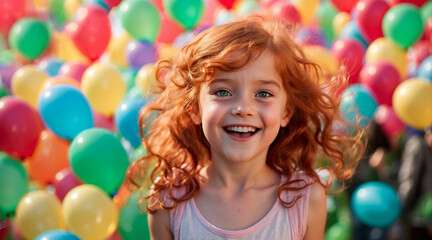 Fototapeta na wymiar portrait of a cute girl with curly red hair on a background of balloons.