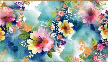 Papier Peint photo autocollant Papillons en grunge watercolor background with flowers