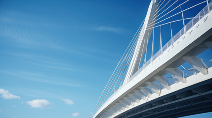 Support element of a high cable-stayed bridge with steel pylons. Backlight. Clear blue sky.